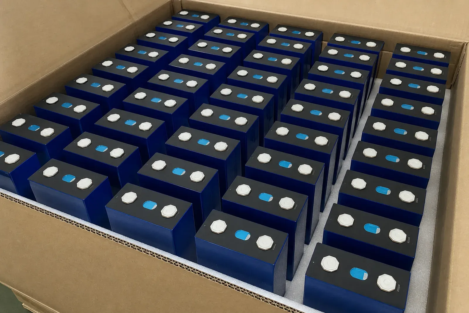 Prismatic LiFePO4 cells arriving batch-boxed with foam trays at the pack facility