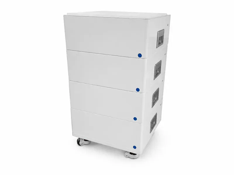 48V 100Ah server rack LiFePO4 battery module for high-temperature tolerant, long-life industrial and solar storage systems, with stacked white rack enclosure and side handles
