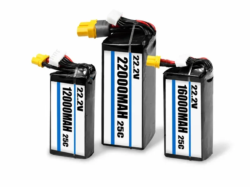 25C-60C high-rate UAV LiPo battery pack series for FPV, training, and RC model projects, with 22.2V pack labels and balance connectors