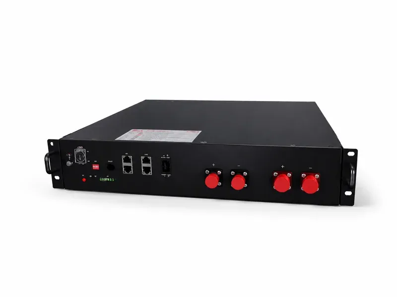 High-safety custom battery pack for 5mm nail-penetration reviewed, high-energy-density rugged equipment projects, with black rack enclosure, communication ports, status indicators, and high-current terminals