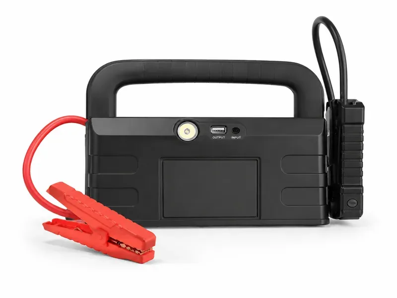 30C-60C jump starter high-rate lithium battery pack for pulse-power equipment, with black handheld enclosure, front light, USB output and input ports, and red starter clamp lead