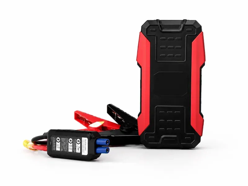 Portable power station battery module for LFP and NMC OEM projects, with rugged black and red enclosure, high-current clamp leads, and compact mobile power design