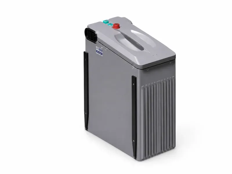 48V and 72V robot and robot dog battery system for high-safety long-cycle platforms, with gray rugged housing, top handle, colored terminals, and cooling fins