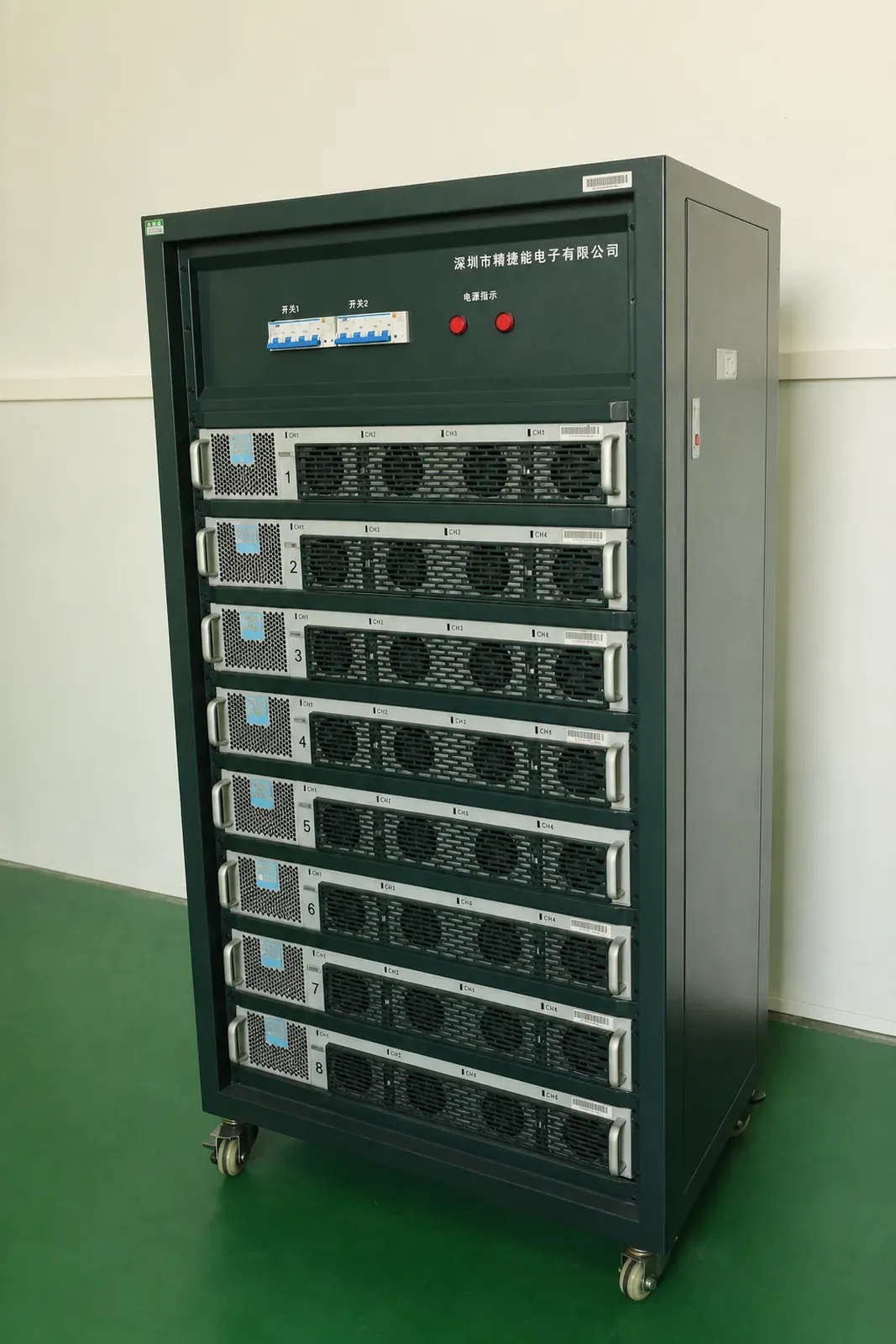 Automated multi-channel charge-discharge test cabinet verifying peak current duty cycles