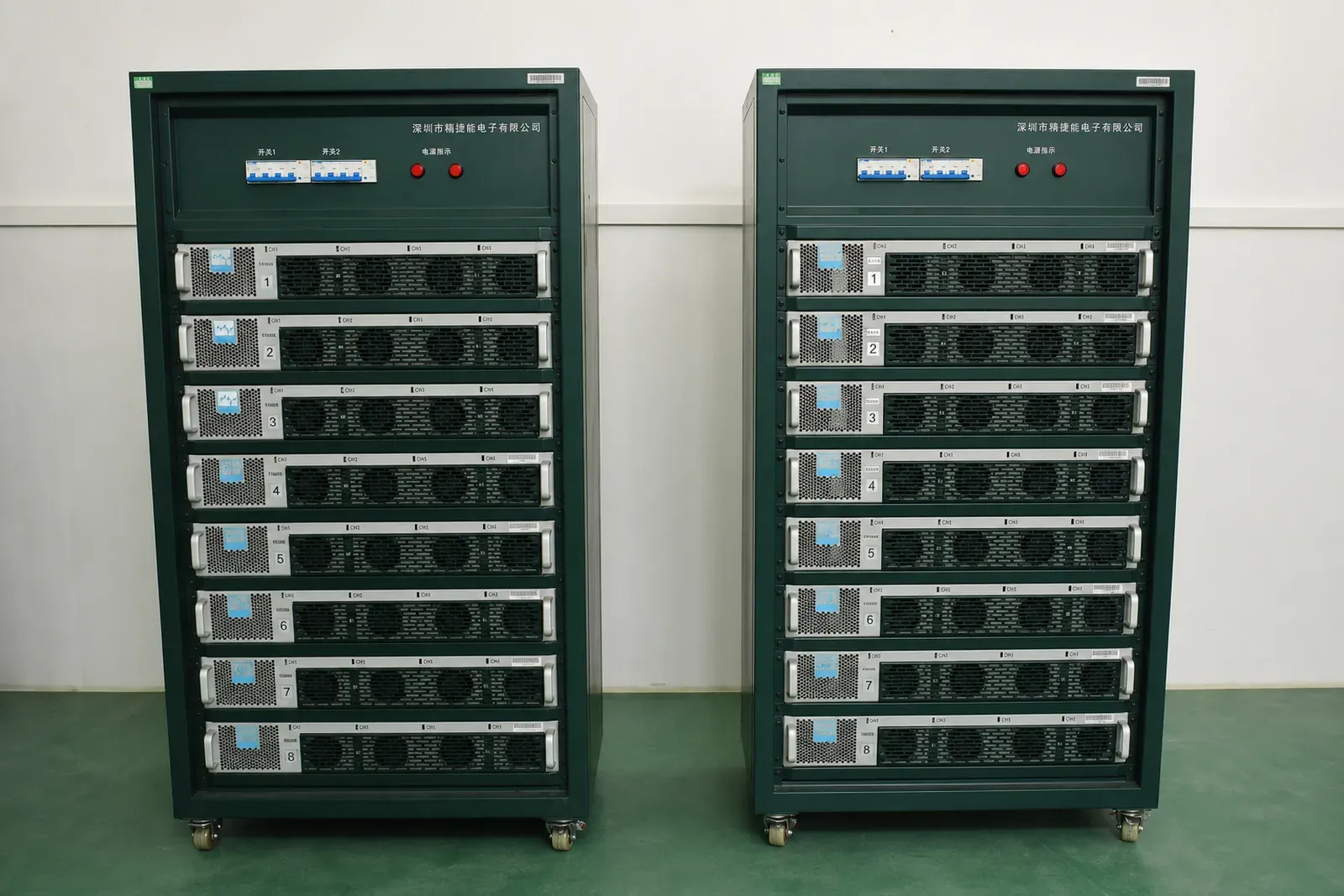 Multi-channel charge-discharge cycling cabinets used for finished battery pack testing