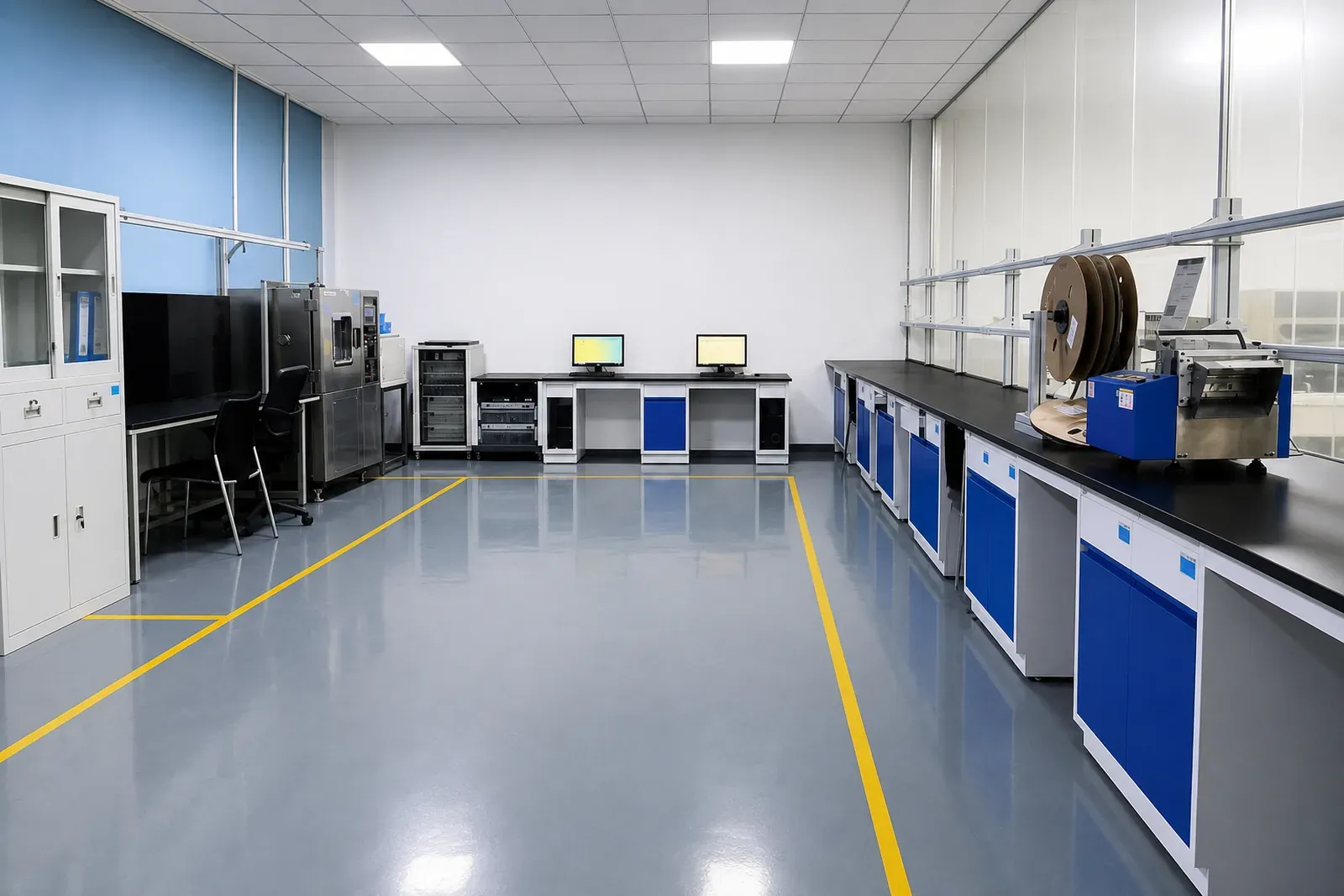 Battery engineering laboratory with environmental chamber and testing workstations